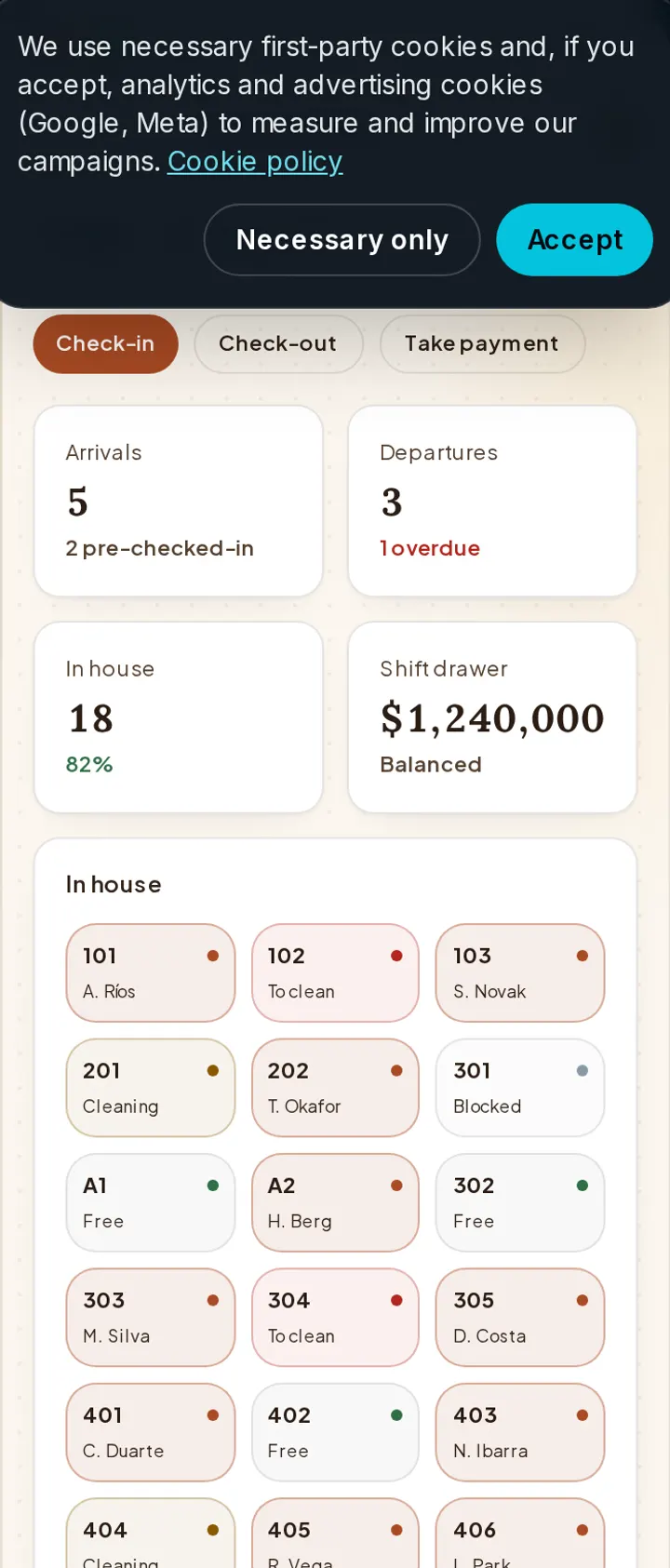 Screen of the Casa Lumbre demo (Hotel management · Flagship demo), fictional brand and data